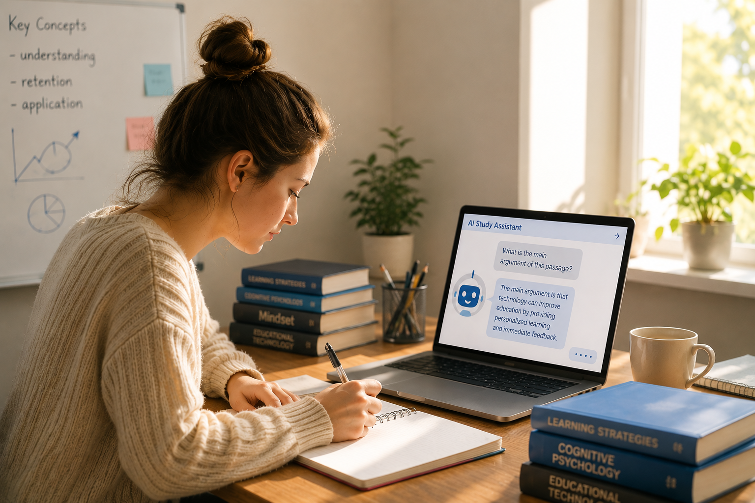 Student writing with AI study assistant on laptop